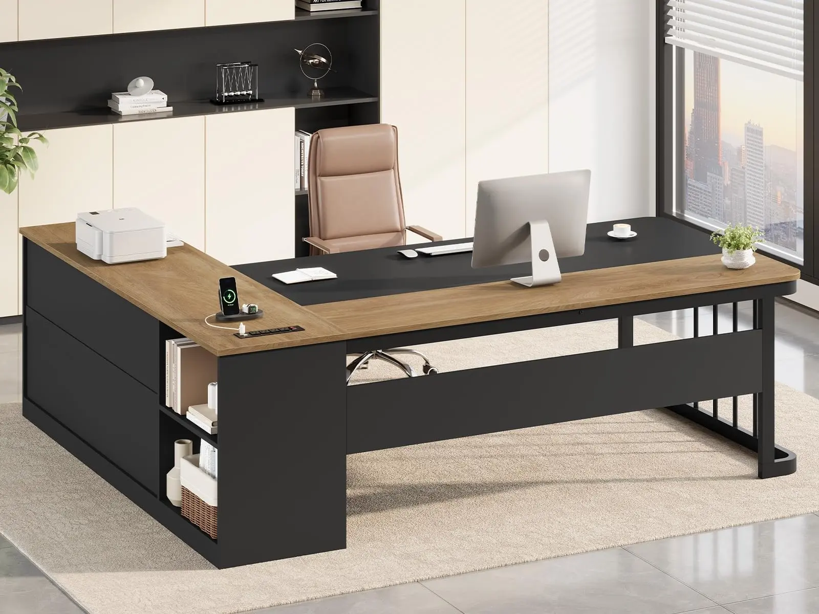 71" Executive Desk, L Shaped Computer Desk with Power Outlets, File Cabinet, Corner Large Office Desk with 3 Drawers & Storage Shelves, Business Furniture Desk, Oak