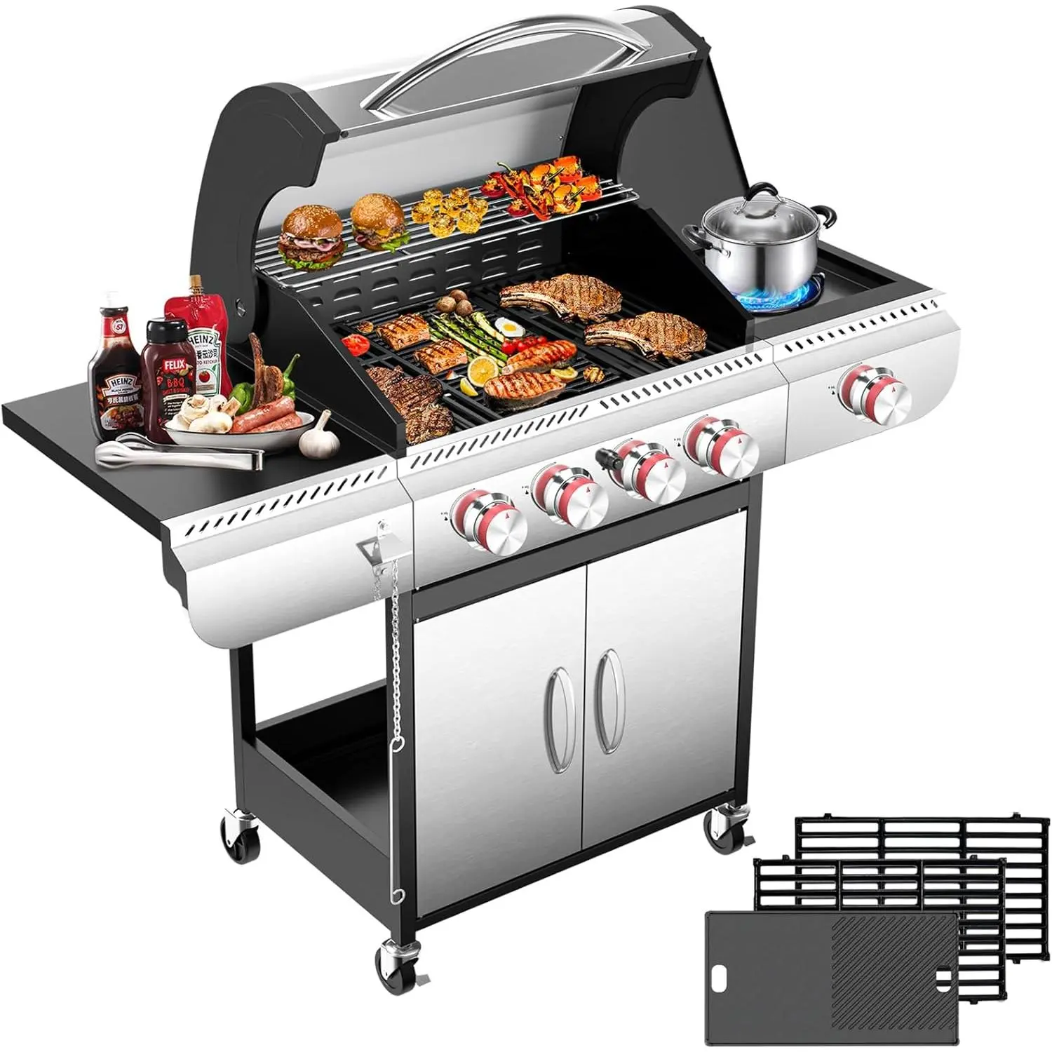 R.W.FLAME 4-Burner Stainless Steel Smokeless Propane Gas Bbq Grill Griddle Combo, Porcelain-Enameled Cast-Iron Grates, 42000 BTU, 573 sq.in. Unit with Side Burner for Outdoor Patio, Backyard Party, Camping