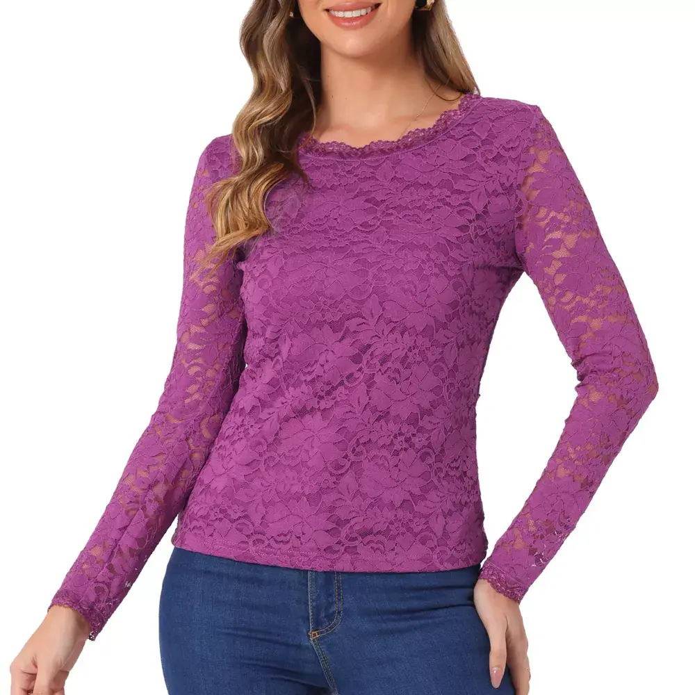 Allegra K Women's Slim Fit Sheer-Long-Sleeves Flower Embroidery Lace Top Dark Purple Small