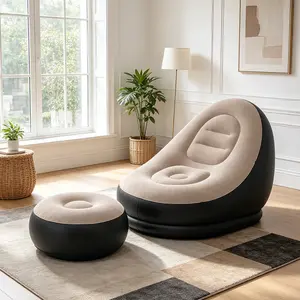 2-Piece Adult Heavy-Duty Inflatable Recliner Sofa Set with Footstool, Portable Foldable Space-Saving Air Cushion Seating for Indoor-Outdoor Leisure Use, Includes Plush Chair & Portable Accessory