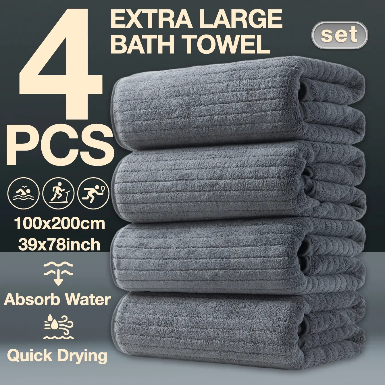 4-Piece Oversized Bath Towel Set, Reusable Bathroom Towels, 100x200cm High-Quality Classic Striped Design, Multi-Color Options, Super Absorbent, Water Absorbent Towel, Quick Drying & Extra Large