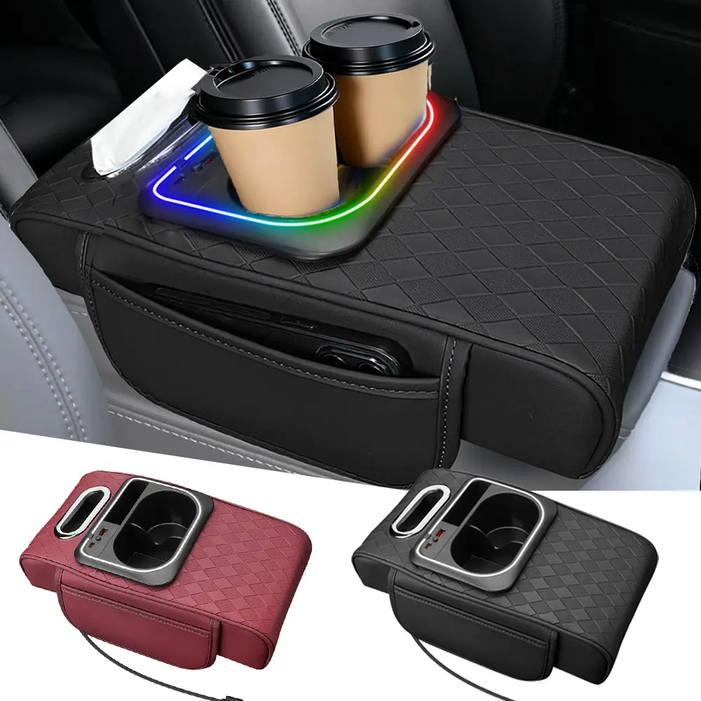 Car Armrest Cushion - Cup Holder Tissue Cover Box | with Side Pocket,Ambient Light,USB Port Heightening Mat Armrest Pads for Central,Vehicle Interior Universal For Car Sedans,SUV