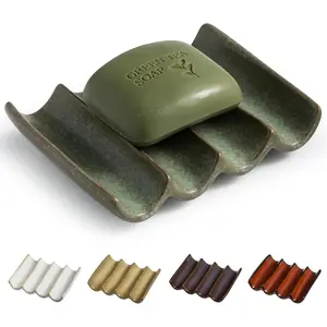 Draining Ceramic Soap Dish - Fluted Design, Bar Soap Holder for Shower & Bathroom, Soap Saver Sponge Lift, Green