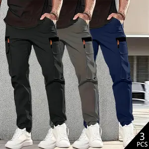 3-pack — Men’s solid-color cargo pants with multiple pockets, comfortable breathable straight-leg casual trousers for all seasons, featuring a drawstring and side pockets, suitable for everyday casual outings.