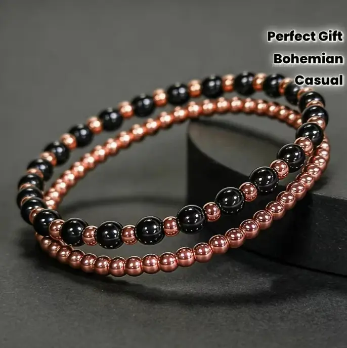 Hematite and Copper Bohemian-Style Beaded Bracelet (Set of 2) – Unisex, Perfect for Casual Wear