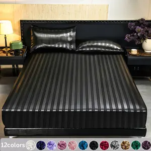 2/3PCS Silky Satin Fitted Sheet Set with Pillowcases, Striped Design, Soft Breathable Cooling Bedding, Dustproof Mattress Protector, Machine Washable, Ideal for Bedroom, Dorm & Hotel