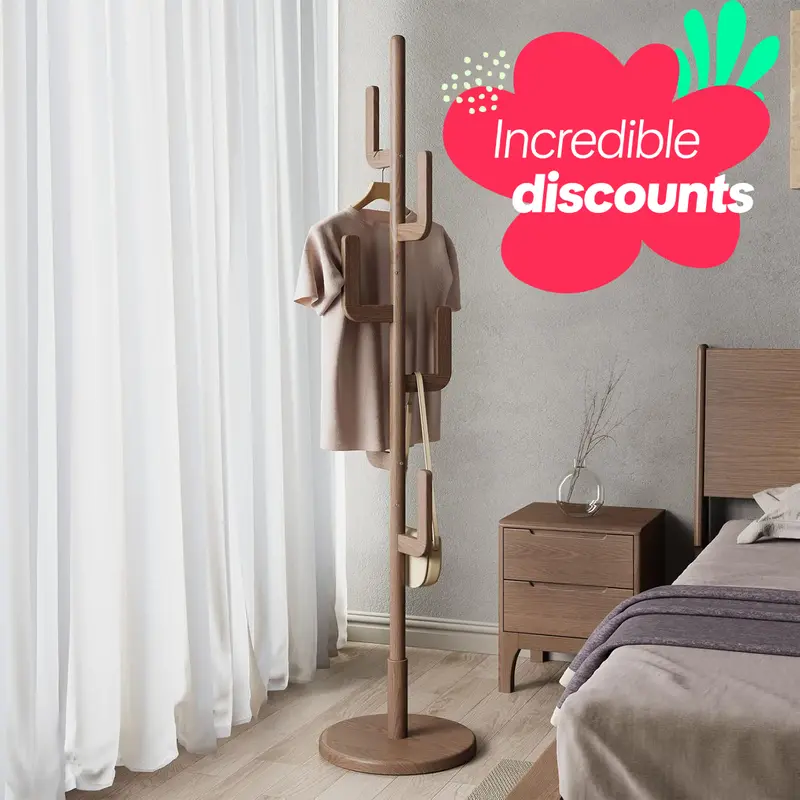 100% FAS Grade Rubberwood Cactus Shape Freestanding Coat Racks Organiser - Stable Vertical Storage with Heavy Base, 6 Hooks, Height Adjust, for Entryway Bedroom Interior Furniture (300 lbs Capacity)