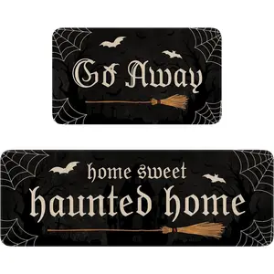 Faptoena Halloween Kitchen Rugs Set of 2,Black Halloween Kitchen Mats for Floor, Halloween Haunted Home Non-Slip Washable Sink Mats Home Decor Doormat+Runner Rug