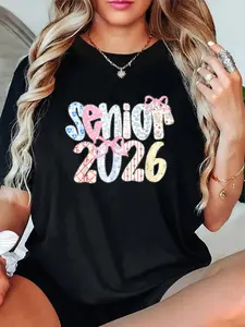 Unisex 100% Cotton Senior 2026 Pastel Floral Patchwork Letters with Lace Bow T-Shirt – Cute & Cozy, Instagram Aesthetic, TikTok Fashion Tee