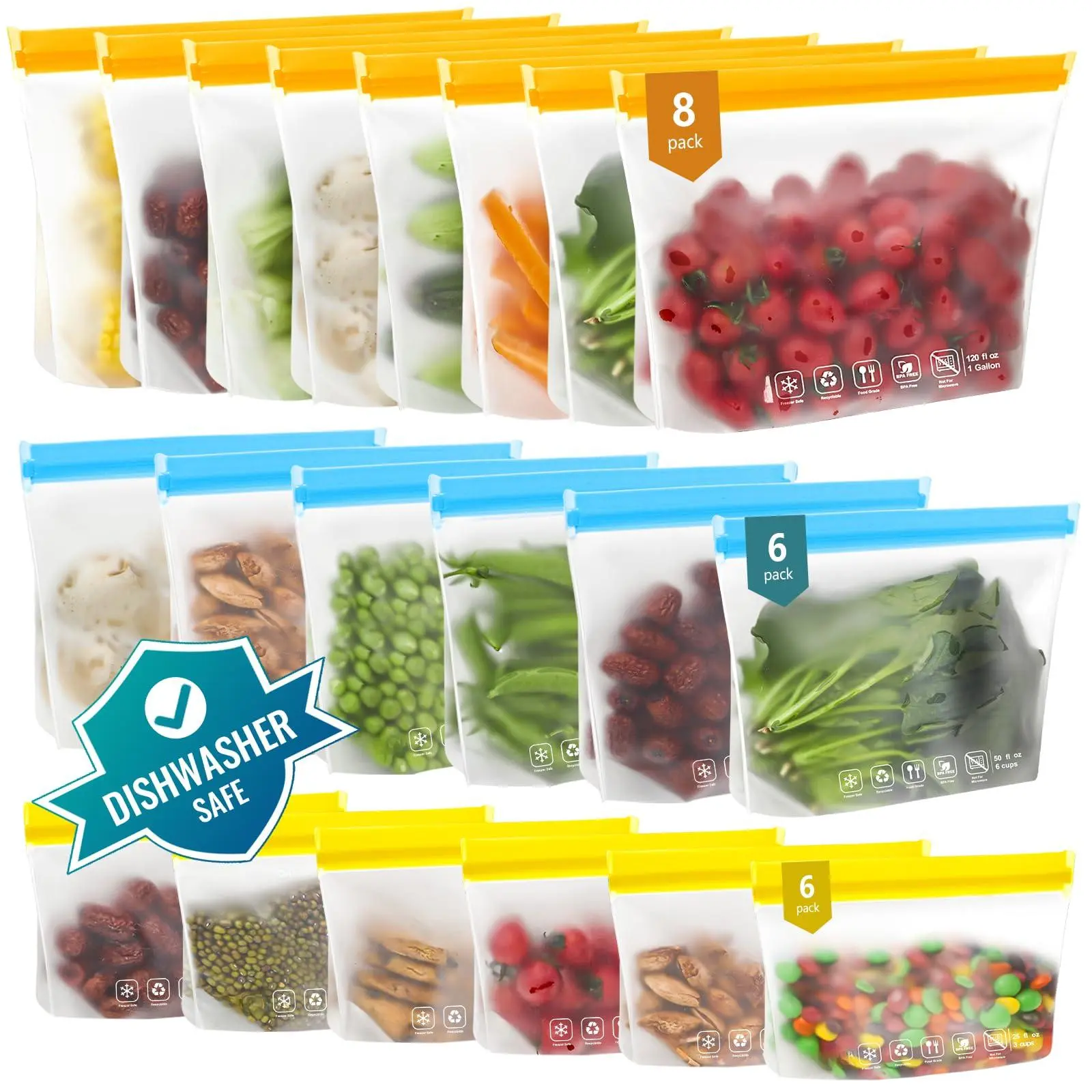 20pack Reusable Bags Dishwasher Safe  Leakproof Freezer Bpa Free Food Storage Contaizers Sandwich Snack Baggies For Lunch Travel(8 Gallon 6 Quart Colored)
