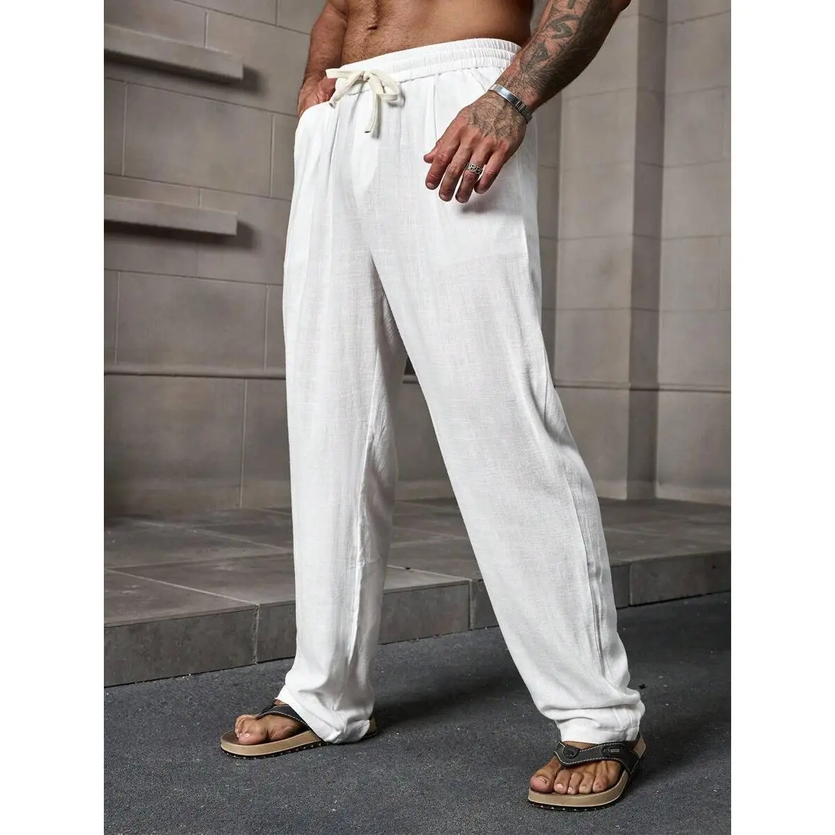 2025 Trend Men Elastic Waist Linen White Pants, Men's Mature Casual Vacation Everyday White Linen Pants, Going Out Plain Long White Straight Leg Slacks Pants, For Husband, Boyfriend Gifts Fabric Menswear Pocket Outdoor Trouser Tractor Beige