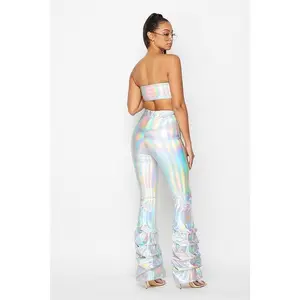 Basic holographic pleather pants for women