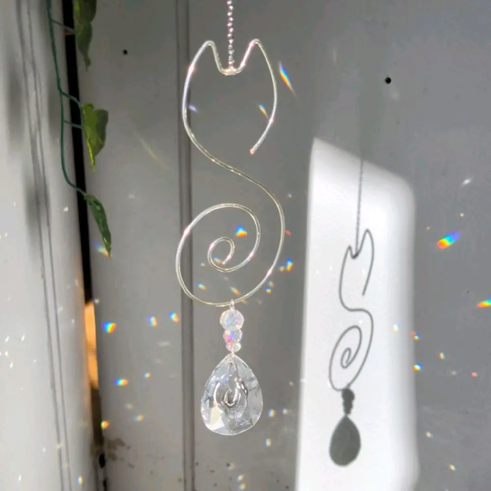 Handmade Cat Crystal Suncatcher | Wire Wrapped Window Hanging | Rainbow Sun Catcher | Cat Lover Home Decor | Handmade Gift
