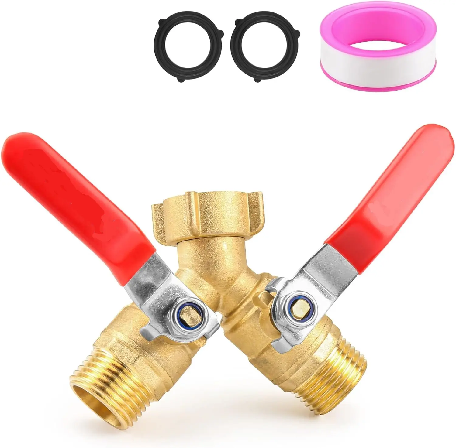 3/4" Brass 2-Way Split Y Valve Type Hose Splitter Connector with Red Handles, Heavy-Duty RV Compatible Garden Hose Splitter for Outdoor Watering, Automotive & Motorcycle Exhaust System Auxiliary Water Accessory