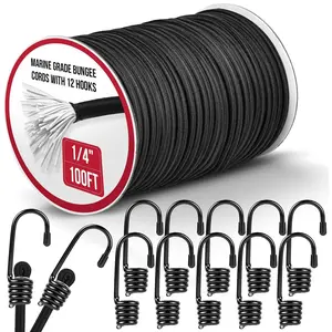 Marine Grade Heavy Duty Bungee Cord Roll with 12 Hooks Black Elastic Shock Cord Kit for Kayak Deck Outdoor Camping Tarp Tie Downs Bike Rack DIY Assorted Bungee Ropes (1/4" x 100ft)