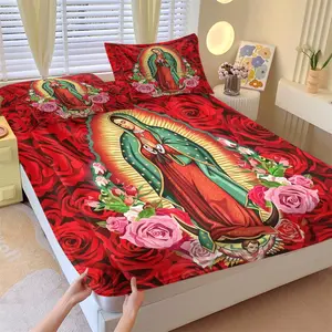 Vibrant Red Rose Our Lady of Guadalupe Non-Slip Fitted Sheet Set, 1 Fitted Sheet + 2 Pillowcases, Religious Virgin Mary Floral Bedding, Cozy Microfiber Bed Cover for Devotional Bedroom Decor