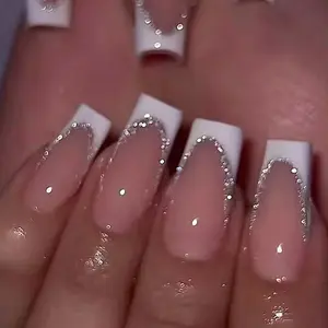 24Pcs Short Square Coffin False Nails French Glitter Wearable Fake Nails Acrylic Full Cover Women Ballet Press on Nails Tips Td233-Sgx-0003