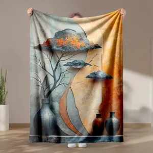 1 piece Tree shadows, clouds, and ceramic vase serene decoration themed flannel blanket - Microfiber soft fluffy sofa blanket, suitable for beds and sofas, modern style, all-season use, digital print design, flannel weaving craft, 100% polyester