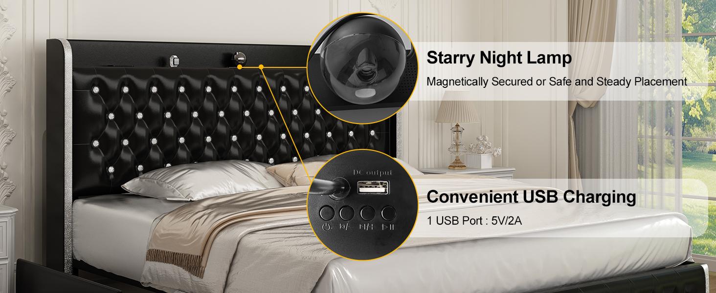 GEGOFORU Queen LED Bed Frame with Galaxy Projector & Bluetooth Speakers, RGB Lights, USB Charging, 4 Storage Drawers, Velvet Upholstered Platform Bed, No Box Spring Needed – White