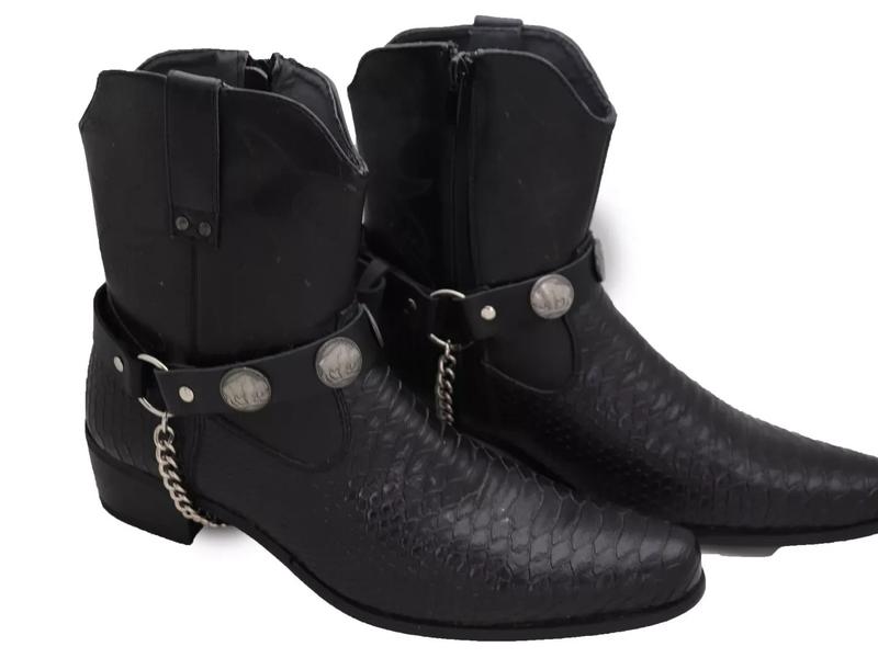 Men Biker Fashion Jewelry Boot Bracelets Black Faux Leather Straps Silver Chains Buffalo Pair
