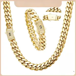 New anti-rust technology 14K gold-plated Cuban chain bracelet and necklace set, waterproof and fade-resistant, hypoallergenic, available in 6-14mm sizes, long-lasting shine, suitable for various styles, Valentine's Day gift