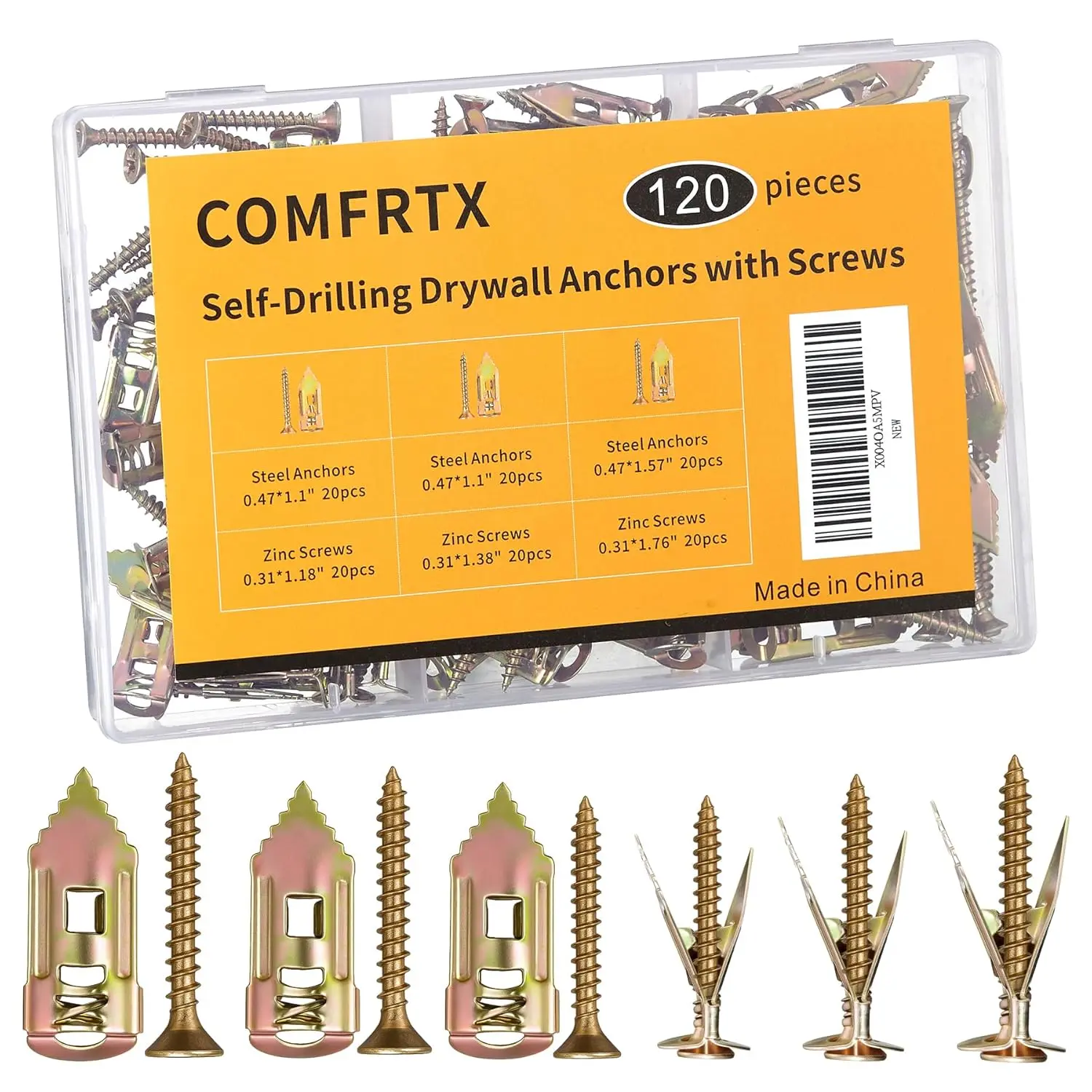120PCS 3-Size Metal Self-Drilling Drywall Expansion Bolts Kit with Screws - No Drill Hole Needed for Mounting TV, Shelf, Mirror