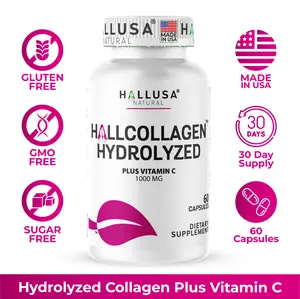 Hallusa Natural Hydrolyzed Collagen Plus Vitamin C 1000 MG 60 Cap - Skin Hair Nail Care Supplement for Anti-aging & Joint Pain Relief
