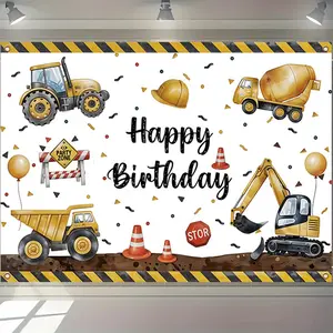 Construction Themed Birthday Party Backdrop, 1 Count Construction Equipment Pattern Happy Birthday Banner, Birthday Party Decoration for Home School Dormitory Office