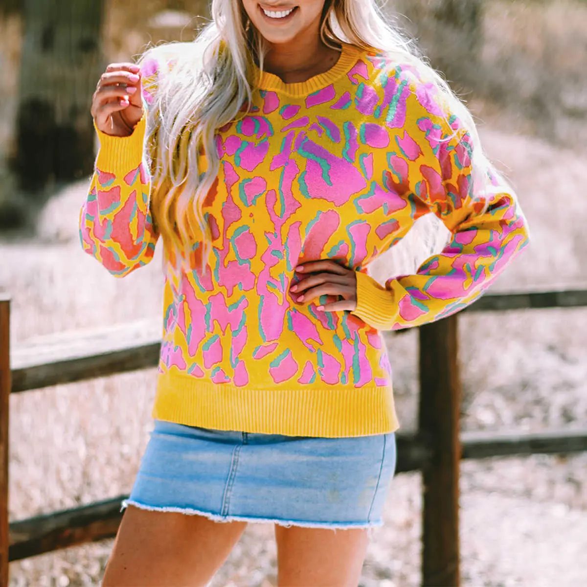 Vitality Orange Abstract Print Ribbed Trim Baggy Sweater