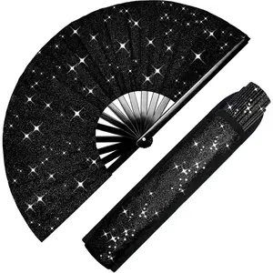Glitter Large Rave Folding Clack Hand Fan with Holster for Men Women Handheld Fan for Festivals,Halloween,Rainbow Outfits,Disco Party,EDM,Burlesque,Drag  for Rave Accessories