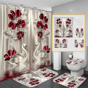 1pc/4pcs luxury swan pattern bathroom accessories, non-slip floor mats, U-shaped carpets, toilet lid covers, perfect for bathroom decoration, partitions, beautification of space, free 12 shower curtain hooks