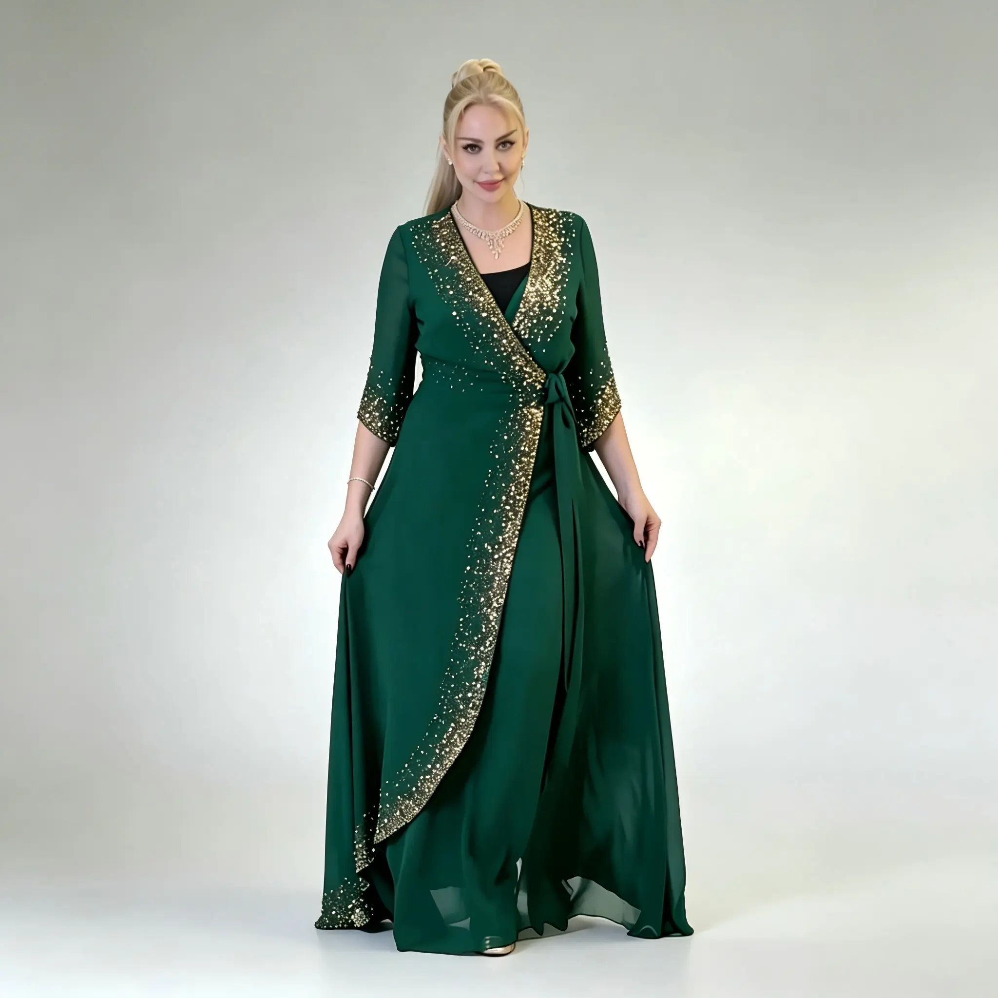 Women's Plus Size 2-Piece Side Slit Abaya Set - Dubai Kaftan, Muslim Cardigan, African Evening Kimono Robe, Islamic Modest Clothing, Side Slit Abayas