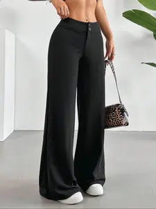 New arrival Women's Simple Basic Wide-Leg Pants with Double Button Front, Versatile Commuter Essential Single Piece, Stylish Office Wear