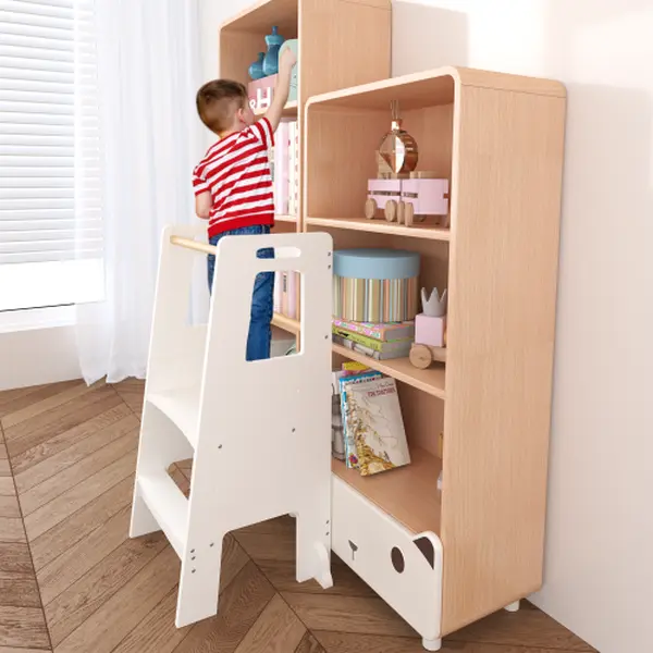 Kids' Wooden Montessori Standing Step Stool - Height-Adjustable, 2-Step Indoor Furniture with Side Handles, Ideal for Kitchen Skill Learning, White, Height Adjust, Two Steps