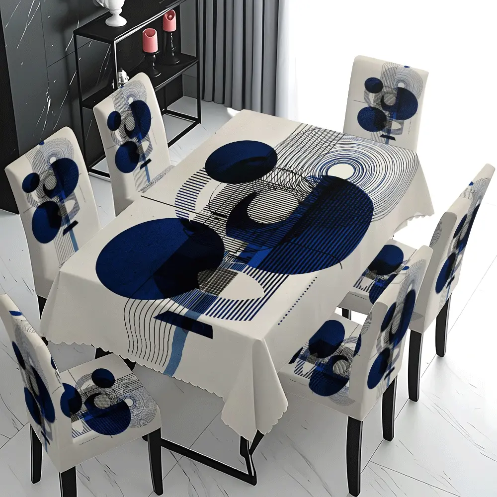 5/7 Pcs 2D Flat Deep Blue Geometric Abstract Print Tablecloth & Chair Cover Set, Stretch Chair Slipcovers, Chair Covers for Dining Chairs, Washable Dining Chair Slipcover, Modern Minimalist Art for Home Dining Room & Living Room Decor