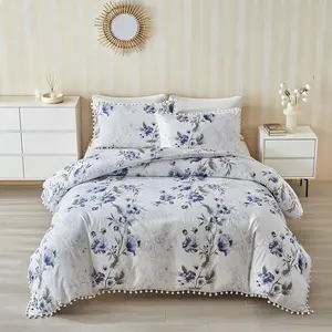Blue floral duvet cover set 2/3 set (1 duvet cover + 1/2 pillowcase), with fringed ball design, bohemian style, 9 sizes, four-season bedroom bedding set, with zippers and corner ties, suitable for bedrooms, guest rooms, Decorative bedding set