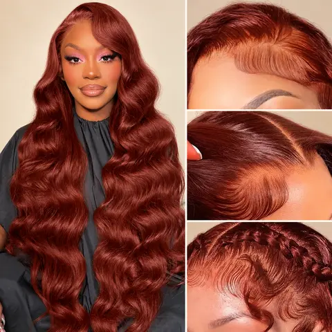 13x6 Reddish Brown HD Lace Front Wig Human Hair for Women, Glueless 180% Density Auburn Wig, Body Wave 13x4 Lace Wigs, Burmese Curly 13x6 Drawstring Wig, Pre Plucked Hairline with Baby Hair, Copper Red Frontal Wig for Daily Wear and Versatile Styling