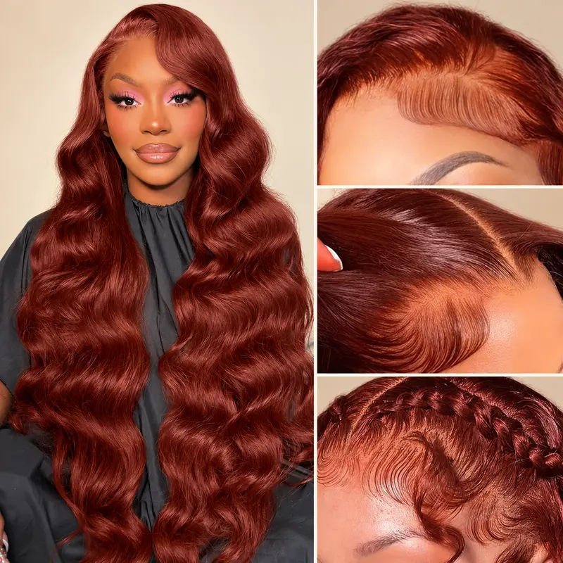 13x6 Reddish Brown HD Lace Front Wig Human Hair for Women, Glueless 180% Density Auburn Wig, Body Wave 13x4 Lace Wigs, Burmese Curly 13x6 Drawstring Wig, Pre Plucked Hairline with Baby Hair, Copper Red Frontal Wig for Daily Wear and Versatile Styling