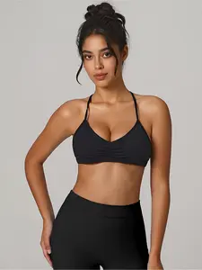 Women's Sporty Plain Bra, Adjustable Straps, Front V-Neck Ruched Design, High Support Tank Top, Yoga Sports, Festival Concert Outdoor