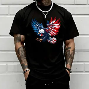 Men’s oversized soft cotton crew neck short sleeve T-shirt, vivid American flag wing bald eagle graphic tee, retro patriotic USA pride casual streetwear top gift for men
