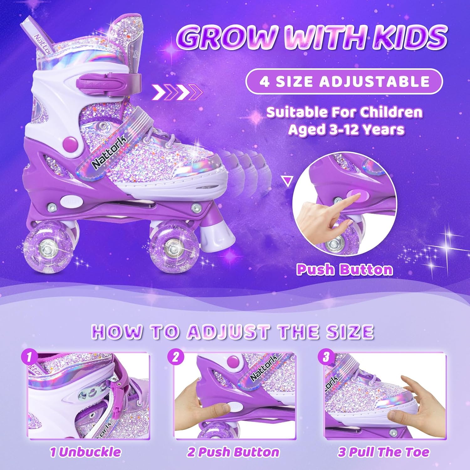 Nattork Kids' Adjustable Roller Skates for Girls (Ages 3-12, 4 Sizes), Light-Up Flashing Wheels, Triple Safety Protection with Secure Closure, Beginner Casual Skating Gear, Indoor/Outdoor Birthday Holiday Gift