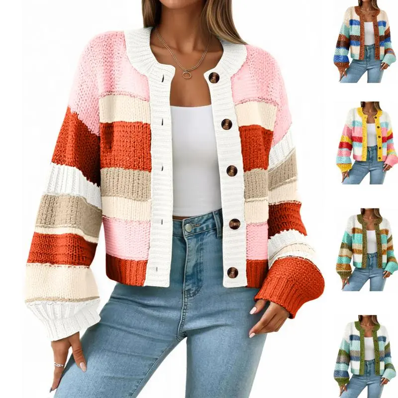 Naeduo Womens Striped Chunky Cardigan Sweaters Button Up Color Block Long Sleeve Casual Knit Sweater Coats Loose Fit TikTokShopBlackFriday Knitwear Winter Womenswear