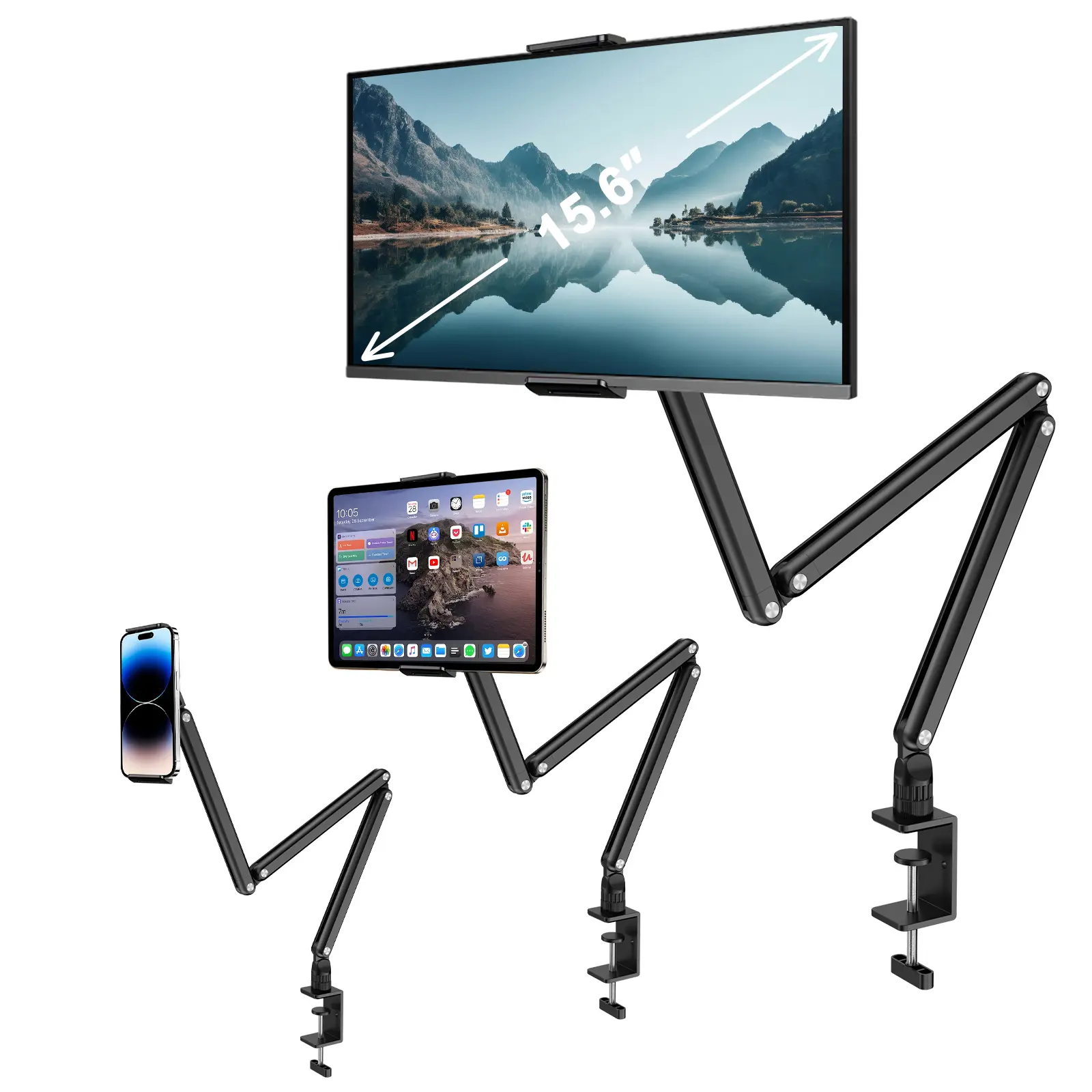Aluminum Alloy Tablet Stand Accessories - 3-Arm Clip-On Installation, Multi-Angle Rotation Adjustment, Compatible with Large iPad Screens, Portable Metal Holder for Monitors & Smartphones