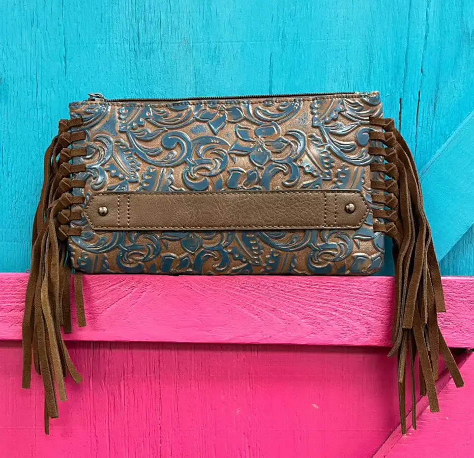Justin Turquoise Washed Tooled Clutch Wallet Purse with Fringe 2176790BLU