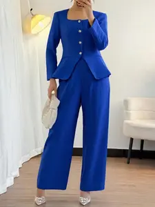 Women’s Sophisticated Long Sleeve Waist-Defined Jacket + Wide-Leg Trousers Set, Stylish Button Front Design for Spring & Fall, Elegant Office Wear