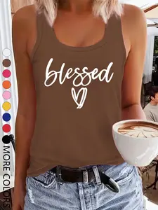 Women's Summer Letter Geometric Print Crop Top, Casual Loose Fit Sleeveless Vest, Round Neck Heart Pattern, Multicolor Options, All Seasons Wear