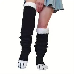 Women's Knee-High Acrylic Slipper Socks Cozy Thick Casual Over-the-Knee Socks Solid Black Color with Cute Animal Paw Design for Machine Washable BD466057