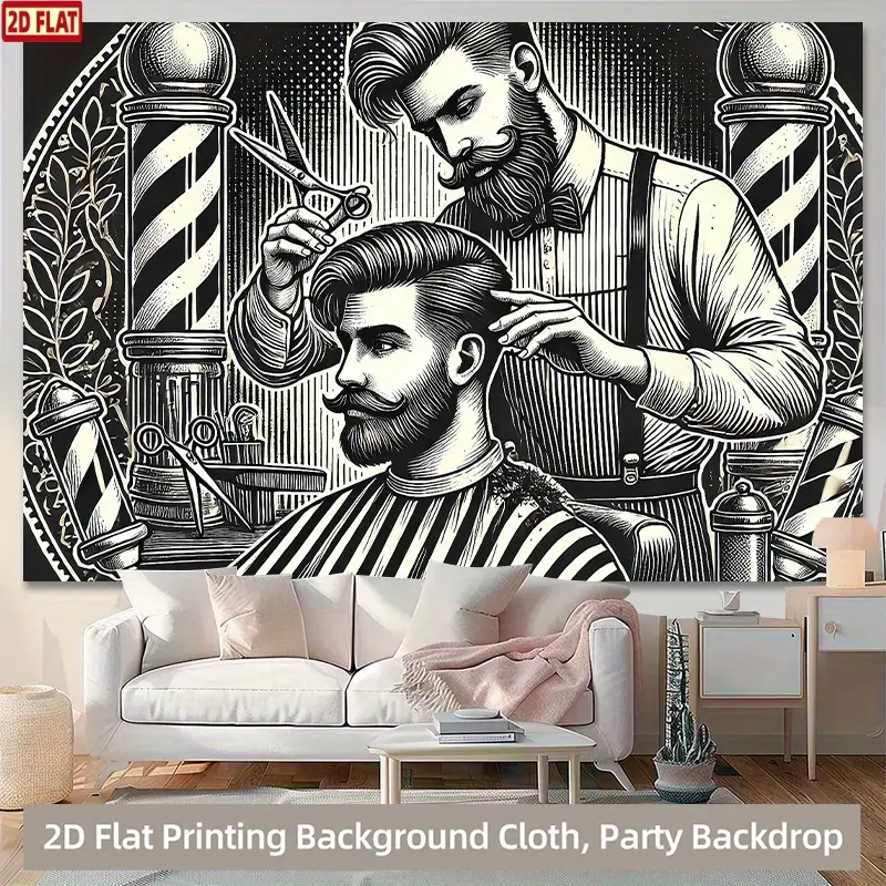 2D Flat, 1pc Barber Shop Vintage Design, Black and White Decorative Wall Art - Printing Polyester Backdrop with Bearded Barber and Haircut Scene, Ideal for Home, Office, or Party Decor, Barber Acces, Decoration Items