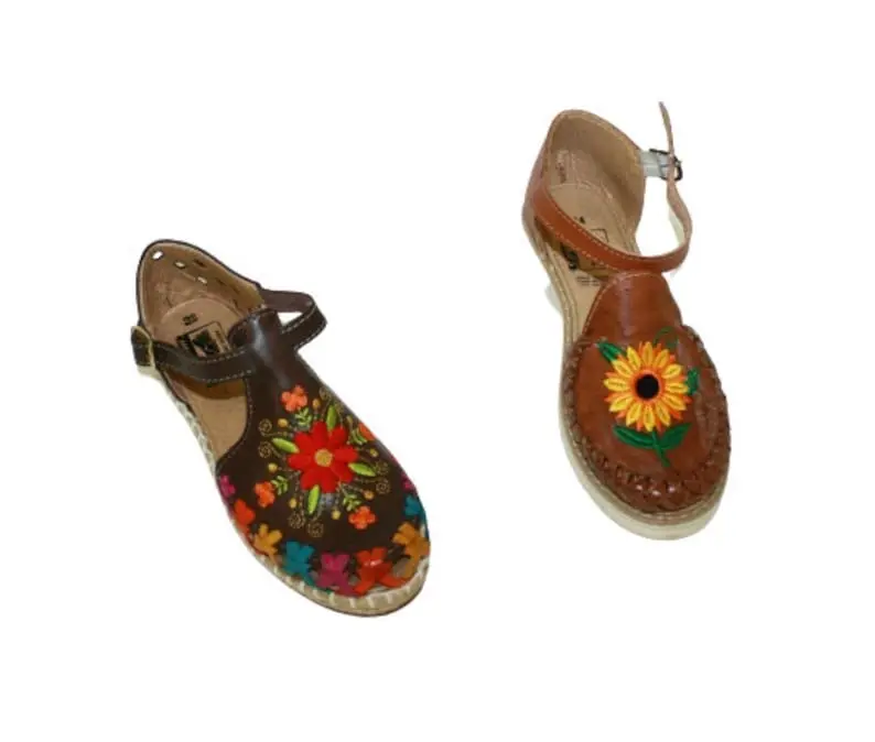 Ladies Closed Toe Genuine Authentic Mexican Leather Flower Embroidery Sandals with Colorful Floral Designs