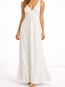 Women's Ivory Lace Maxi Dress – V-Neck Sleeveless Ruffle Hem Dress